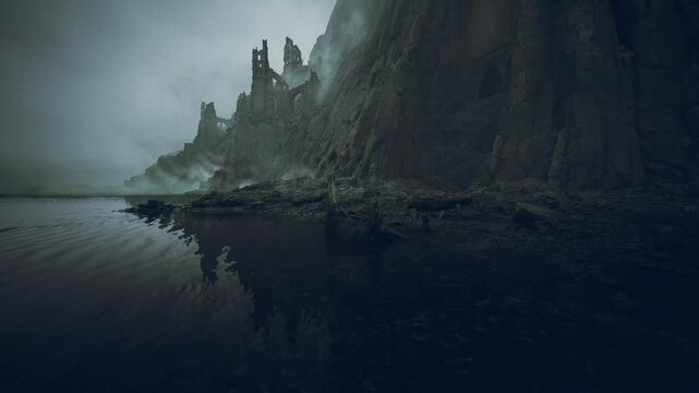 A haunting landscape featuring ancient ruins on a cliffside, surrounded by mist and reflected in still water. The scene evokes a sense of solitude and history, inviting exploration.