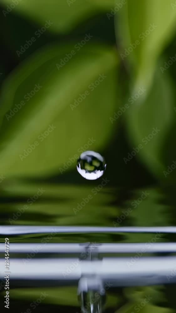 Poster close up of a drop of water reflecting green leaves suspended in the air just before impacting the s