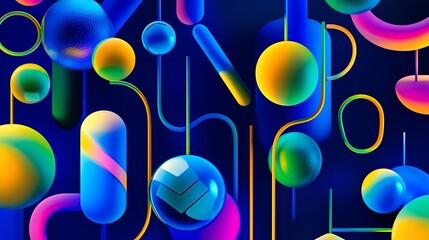 Abstract vibrant 3D shapes, colorful spheres, and glowing lines on a dark blue background.