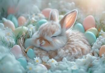 Adorable baby rabbit sleeping peacefully among colorful Easter eggs and delicate flowers in a serene springtime setting, perfect for seasonal celebrations and nature themes.