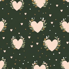 Olive green hearts with blush pink floral wreaths and confetti dots seamless pattern, repeating pattern, bright violet background, valentine pattern 