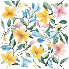 Fototapeta premium Vibrant Watercolor Floral Pattern Yellow Pink Blue Flowers Botanical Design