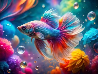 Fototapeta premium Pastel Betta Fish in Abstract Ink Swirl Underwater Scene - Stock Photo