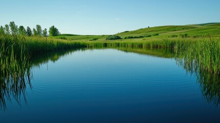 Fototapeta premium A smooth, still pond reflecting the surrounding landscape with no ripples disturbing the surface.