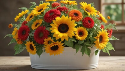 Naklejka premium A bright and cheerful bouquet of sunflowers and zinnias in a large ceramic container , sunflowers, colorful
