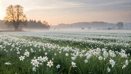 Naklejka premium A breathtaking view of a white flower field blanketed with thick morning dew creating a sense of wonder and awe, petals, landscape, blooming
