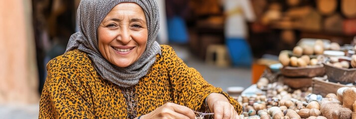 Happy woman crafts in Moroccan market