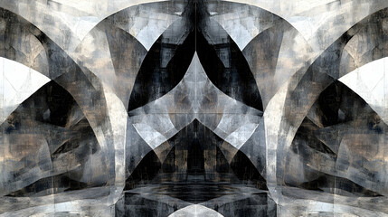 Abstract grayscale architectural design;  geometric shapes, textured surfaces, and a sense of depth create a modern, stylish image ideal for interior design.