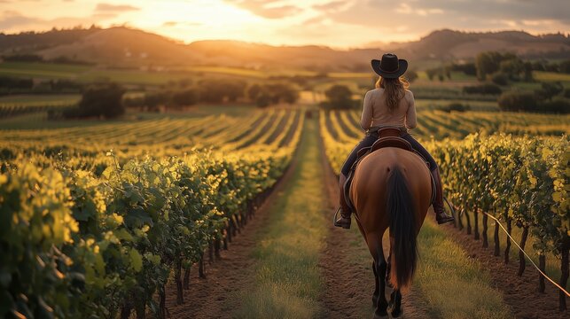 Horseback riding at sunset, a scenic vineyard view, with golden light. This tranquil landscape is perfect for travel or outdoor adventure themes. - Powered by Adobe