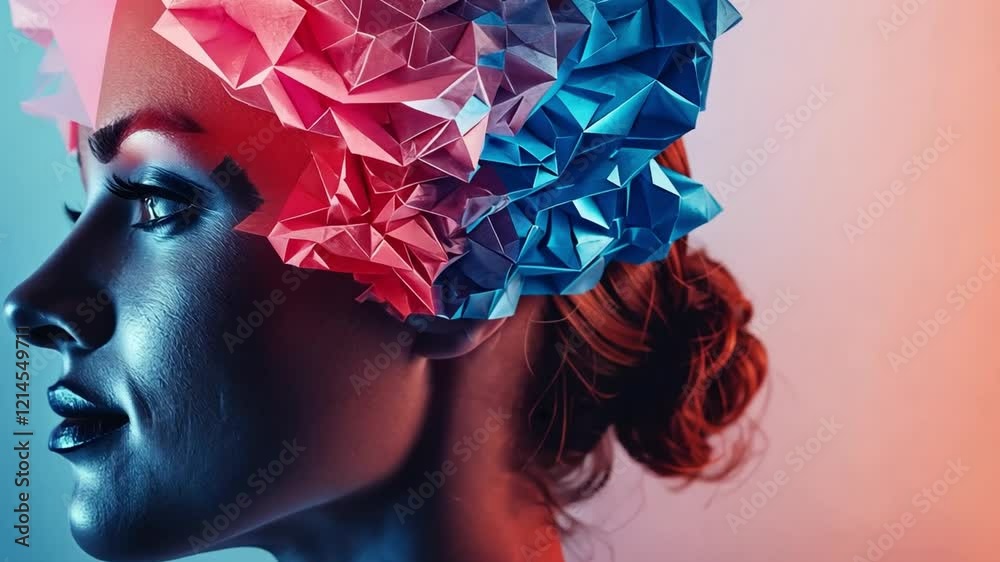 Poster a womans profile illuminated with blue and pink colors showcases a textured paper-like brain. this a
