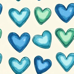 sapphire blue and aquamarine green hearts seamless pattern, repeating pattern, light beige background, valentine pattern, love