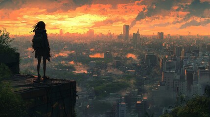 Fototapeta premium A lone girl in a desolate post-apocalyptic city, symbolizing survival and resilience. Ideal for dystopian stories, game concepts, and dramatic visual art.
