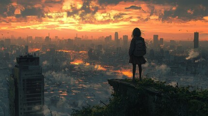 Fototapeta premium A lone girl in a desolate post-apocalyptic city, symbolizing survival and resilience. Ideal for dystopian stories, game concepts, and dramatic visual art.