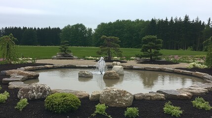 Fototapeta premium Serene garden pond fountain, tranquil landscape, peaceful background, ideal for relaxation