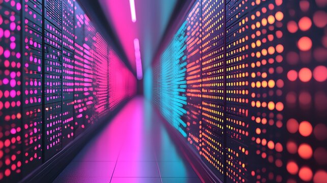 A vibrant corridor illuminated by colorful lights, showcasing a futuristic data center with glowing panels and a modern technological aesthetic.