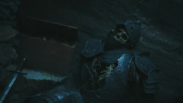 A decayed knight lies on the cave floor surrounded by stone walls. A weathered treasure chest rests nearby, suggesting a long forgotten story of valor and demise.