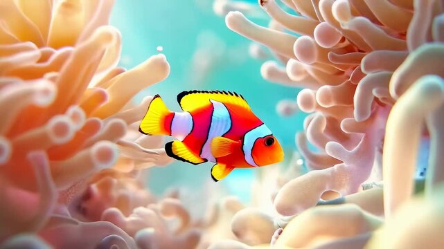 Orange and white ocellaris clownfish, also known as percula clownfish, swimming near magnificent soft coral reef in the ocean, creating a vibrant and captivating underwater scene