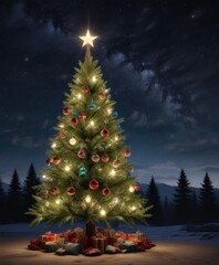 Obraz premium A Christbaum (Christmas tree) decorated with ornaments and stars under a starry night sky, snowflakes, holiday lights