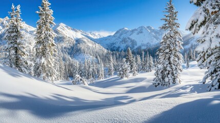 Obraz premium A snow-covered landscape with pine trees, mountains, and a clear blue sky on a crisp winter day.