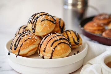 Homemade Pancake puffs - valentines day breakfast, selective focus