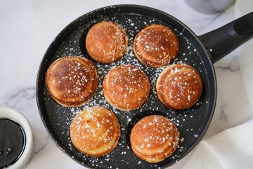 Homemade Pancake puffs - valentines day breakfast, selective focus