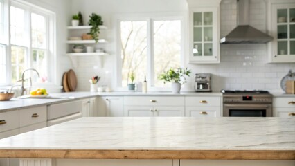 A clean and organized kitchen with a large empty tabletop taking center stage, cleaning supplies, blank canvas, kitchen, minimalist kitchen, kitchen essentials