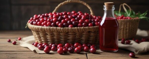 A clear glass bottle containing rich crimson cranberry juice is placed on a worn wooden table next to a woven basket filled with plump cranberries , dark red liquid, beverage container