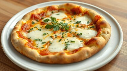 A classic cheese pizza on a plate garnished with fresh herbs, garnish, herb, dish