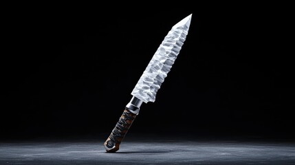 Artisan knife, textured blade, dark studio.  Culinary, design use