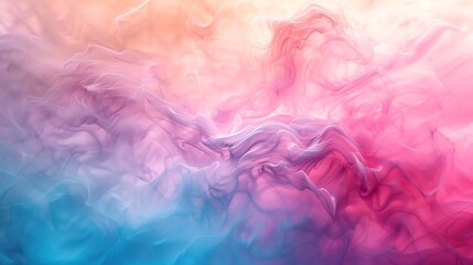 An abstract background with flowing, translucent shapes in pink, blue, and orange hues.