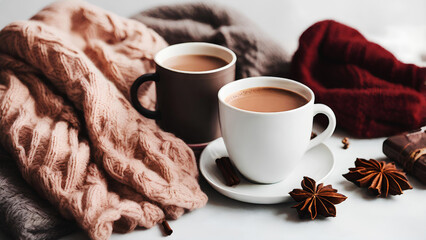 Aesthetic flat lay of winter essentials like mittens, scarves, and a steaming cup of cocoa, General AI