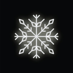 Bright white neon sign is glowing on a black background, shaped like a snowflake with six points
