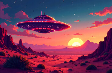 Flying UFO Over a Red Desert Sunset. A red and purple glowing UFO floats in the sky over a red desert landscape. There is a yellow sunset or sunrise on the horizon. It's a horizontal cartoon style 