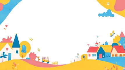 Obraz premium Colorful Cartoon Village Landscape, Background, Illustration, Design Element, Children's Book