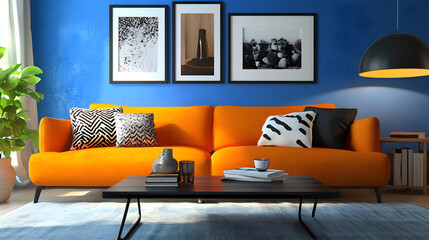 Sleek and vibrant living room with orange furniture, framed artwork, and blue accents.