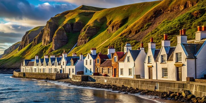 Pennan Coastal Village, Aberdeenshire, Scotland: White Houses & Black Hill Cliff