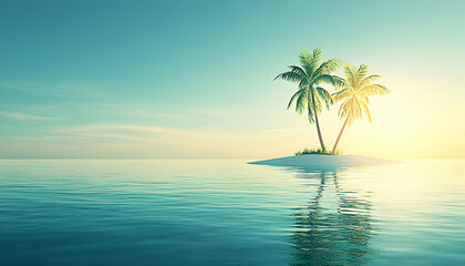 Serene sunset over a tropical island paradise with two palm trees gently swaying in the warm ocean breeze.  Picture perfect escape.
