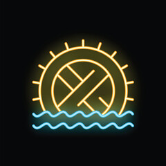 Neon sign of a water mill generating energy from the current of a river at night