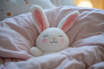 Stuffed bunny on the bed. Bunny plushie sleeping in bed