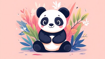 Fototapeta premium Cute panda surrounded by flowers and leaves; children's book illustration; possible use for greeting card or wallpaper