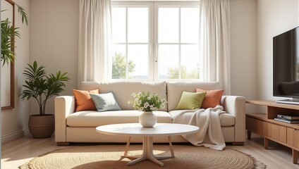 A pristine white couch adorned with vibrant orange, green, and light blue cushions sits before an airy window draped in flowing white curtains. Nearby, a delicate white vase adds elegance to the invit