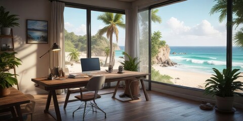 Obraz premium A clutter-free workspace overlooking a picturesque beach scene, workspace, summer
