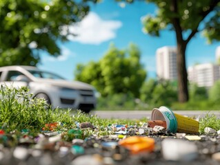 Fototapeta premium Litter on City Street with Greenery and Car in Background