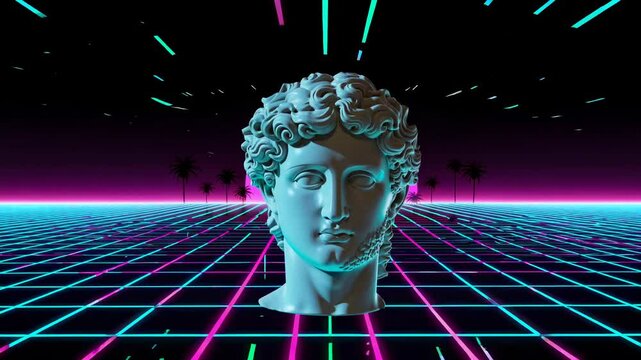 White marble bust of antinous floating within a vibrant digital realm, embracing a vaporwave aesthetic. Neon grids, palm trees, and a pink sun create a surreal, dreamlike atmosphere