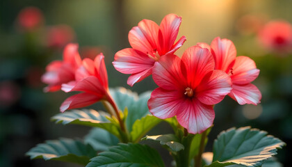 Red and white flowers with a layered petal structure, featuring a vibrant red outer layer and a white inner layer. The flowers are surrounded by green leaves and set against a blurred background that 