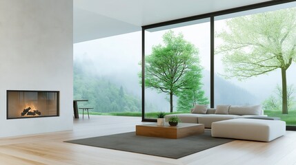 Fototapeta premium Modern Living Room with Large Windows Overlooking Lush Green Landscape and Cozy Fireplace