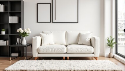 Fototapeta premium Soft, fluffy white rug graces a warm light brown wood floor. White walls frame a sleek leather couch to its right, while a chic black bookshelf anchors the left side, creating an inviting indoor scene