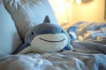 Stuffed shark on the bed. Shark plushie sleeping in bed
