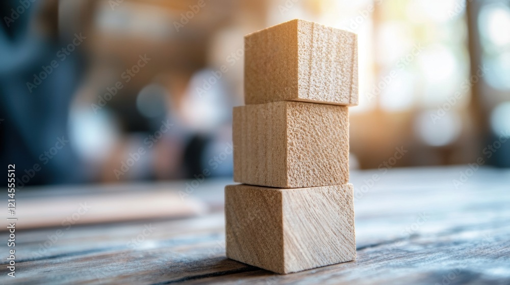 Poster wooden blocks stacked in a neat arrangement on a table surface creating a minimalist background