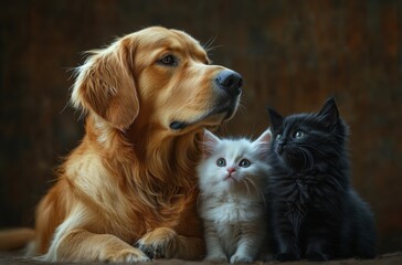 Adorable Golden Retriever Sitting Beside Playful Kittens with White and Black Furs in a Cozy Indoor Setting, Capturing the Essence of Pet Companionship and Joy